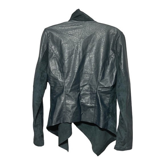 BlankNYC Draped Cowl Neck Moto Jacket Green Faux Leather Asymmetrical Zip Medium - Picture 3 of 9